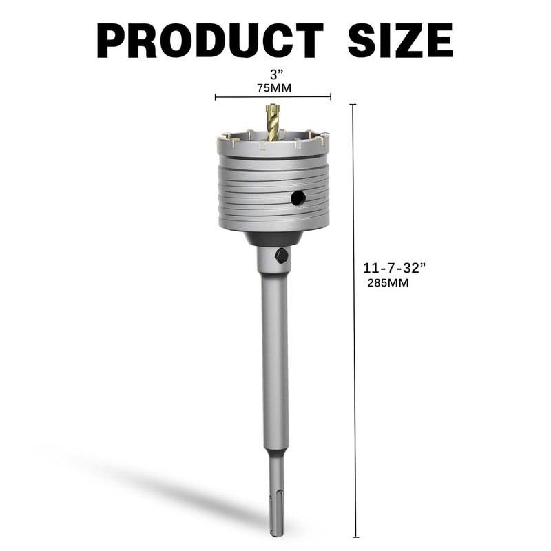 METOTO 3" Concrete Hole Saw,75mm Masonry Hole Saw, with 220mm SDS Plus Shank Connecting Rod for Concrete Brick Cement Stone Wall Drilling Home Improvement - Image 2